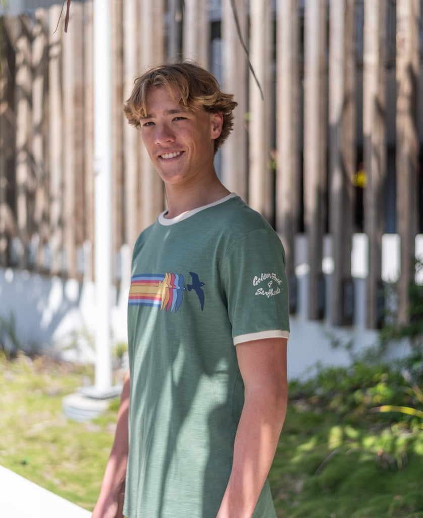 Golden Breed Birds Ringer Tee | Leaf Green - T-Shirts