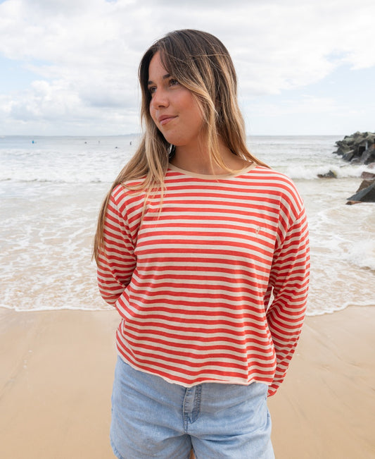 Ollie Stripe LS Ringer | Wash Red/Beige