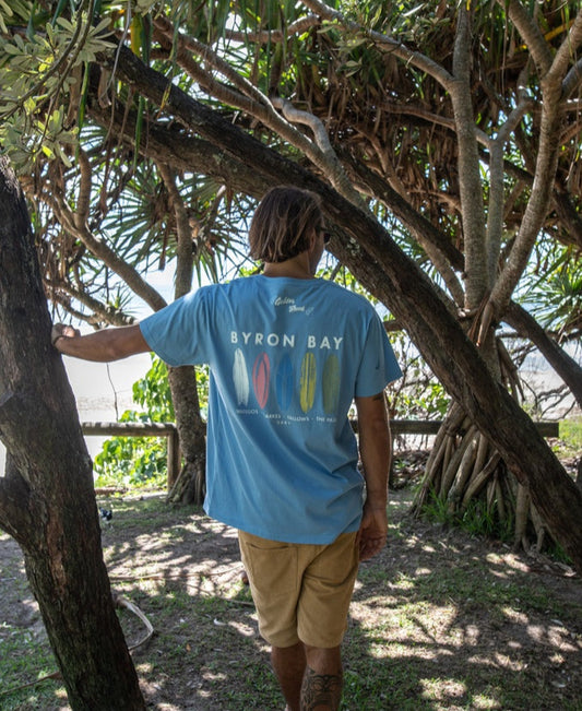 A man wearing a Golden Breed Byron Boards Tee in Azure Blue and tan shorts stands outdoors under large, leafy trees with his back to the camera.