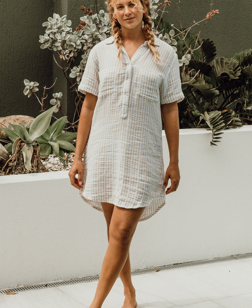 Bella Dress | Off White Stripe-Golden Breed