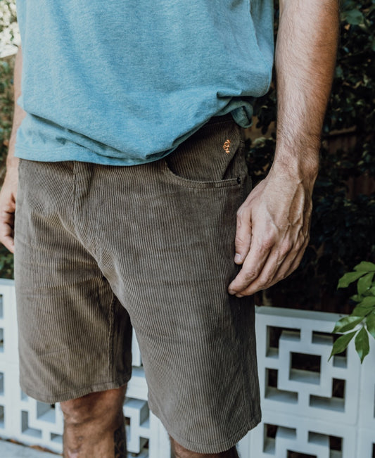 A person wearing a blue T-shirt and Golden Breeds Floyd Cord Walkshort in Wash Brown stands outdoors by a white patterned wall and green foliage.