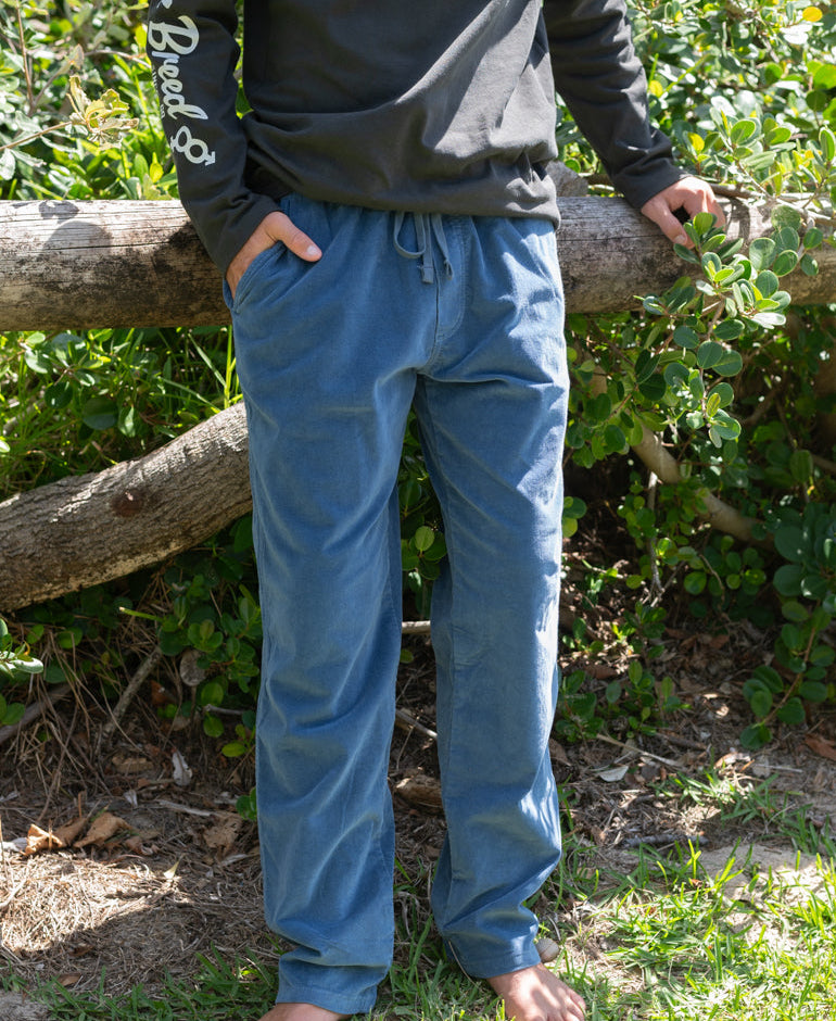 Person wearing relaxed fit Fred Stretch Cord Pant | Blue Mist standing outdoors against a wooden fence with greenery in the background.