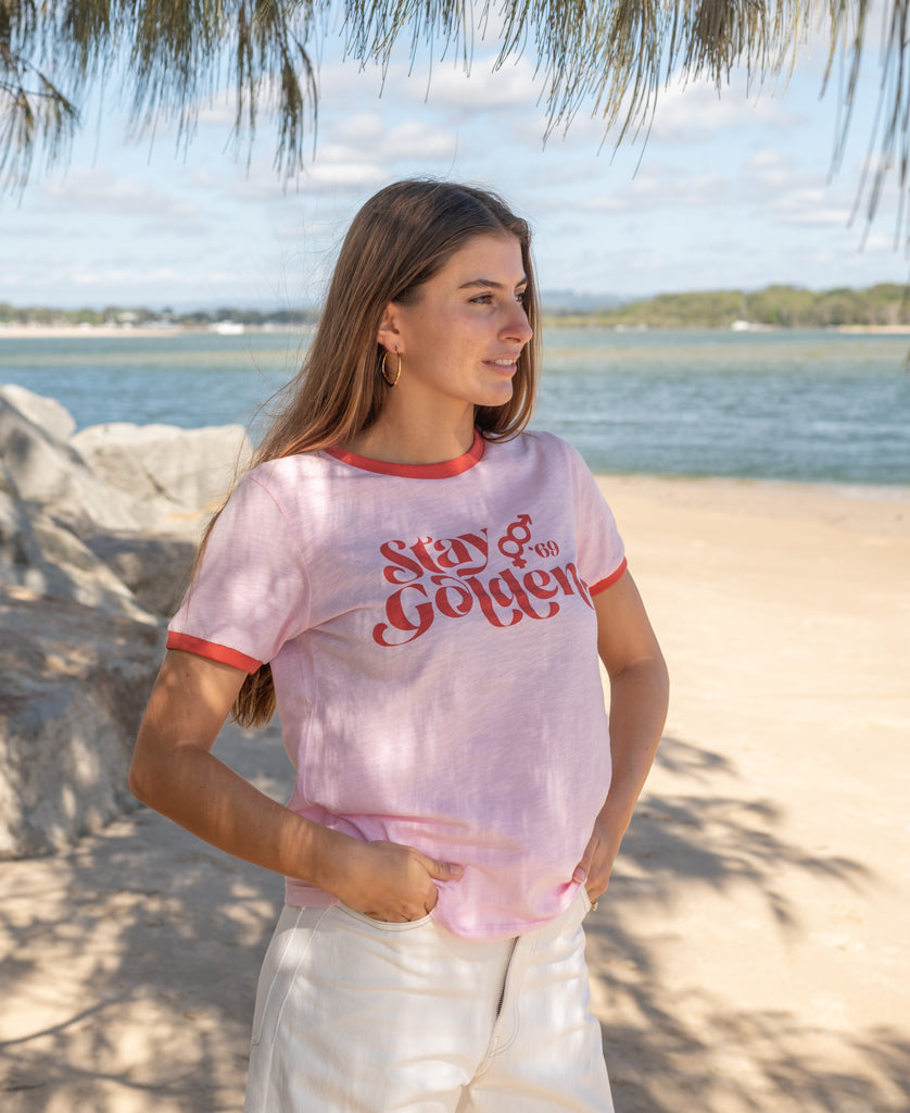 Golden Breed Stay Golden Ringer | Baby Pink/Wash Red - T-Shirts