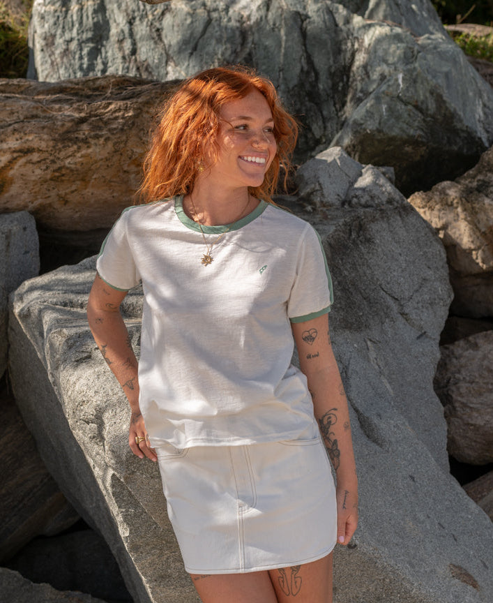 Golden Breed Retro Ringer Tee | Off White/Surf Green - T-Shirts