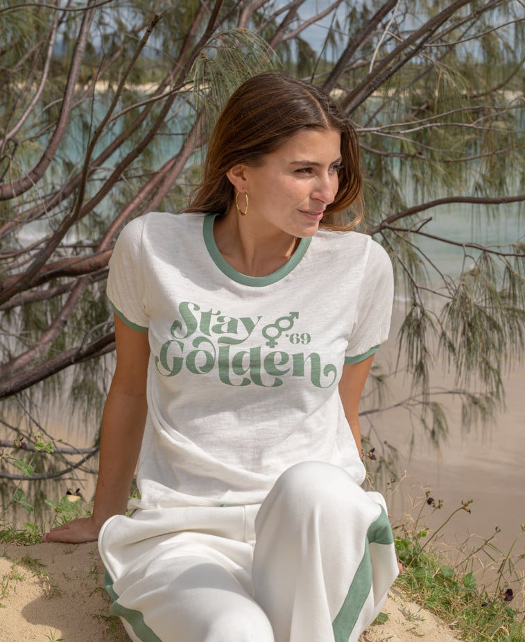 Golden Breed Stay Golden Ringer | Off White/Surf Green - T-Shirts