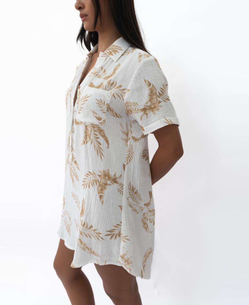 Bella Palm Island Dress | Beige/Off White