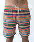 A person wearing the Golden Breed Daze Elastic Waist Boardie | Stripe, featuring colorful horizontal stripes, a white drawstring, and elastic waist, is shown from waist to mid-thigh against a plain background.