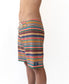 A person wears the Golden Breed Daze Boardie | Stripe—multicolored striped boardshorts with a drawstring waist, 4-way stretch, and recycled polyester—shown torso down against a plain white background.