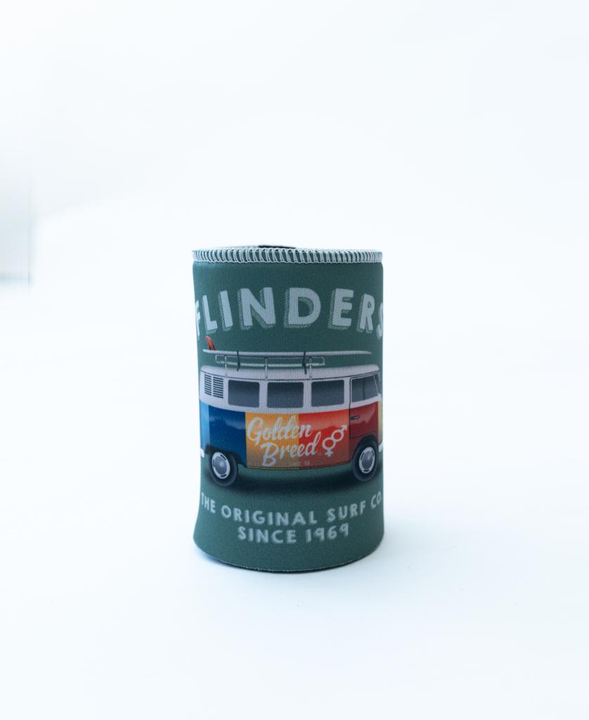 The Flinders Stubby Kombi | Surf Green by Golden Breed is a neoprene stubby holder featuring a bold van illustration and the text FLINDERS THE ORIGINAL SURF CO. SINCE 1969.