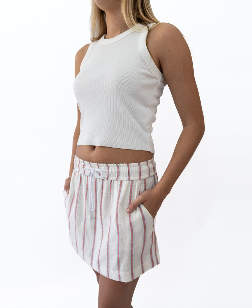 Gigi Linen Mini Skirt | Off White / Red Stripe