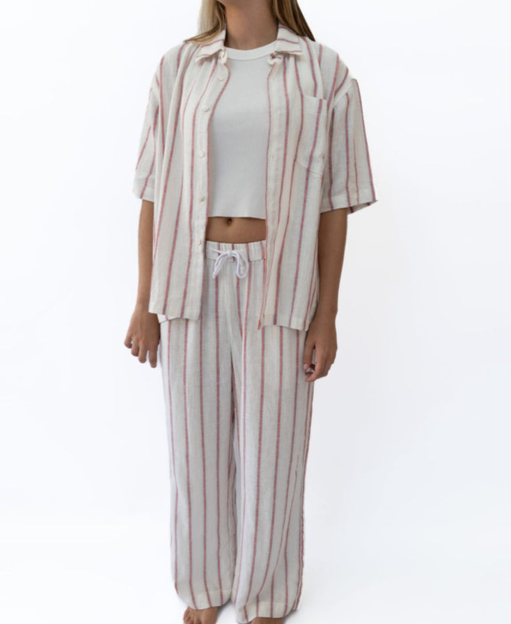 Gigi Linen Pant | Off White / Red Stripe