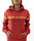 A person wears the Golden Breed Long Island Hoodie | Wash Red, made from 100% cotton fleece, featuring yellow and blue horizontal stripes on a red background, while standing against a plain white backdrop.