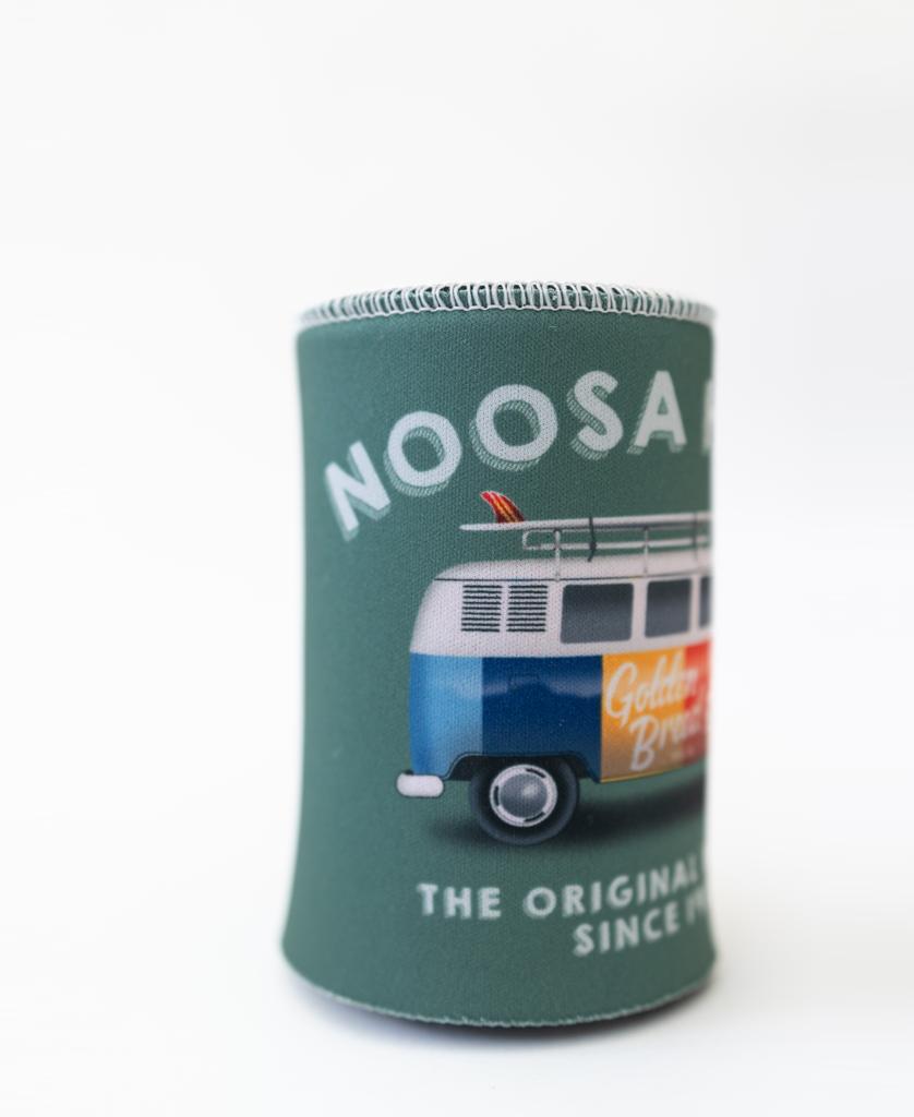 Enjoy cool drinks with the Golden Breed Noosa Stubby Kombi | Surf Green holder, featuring NOOSA and a blue van with surfboard and Golden Brew sign—perfect for Noosa Heads.