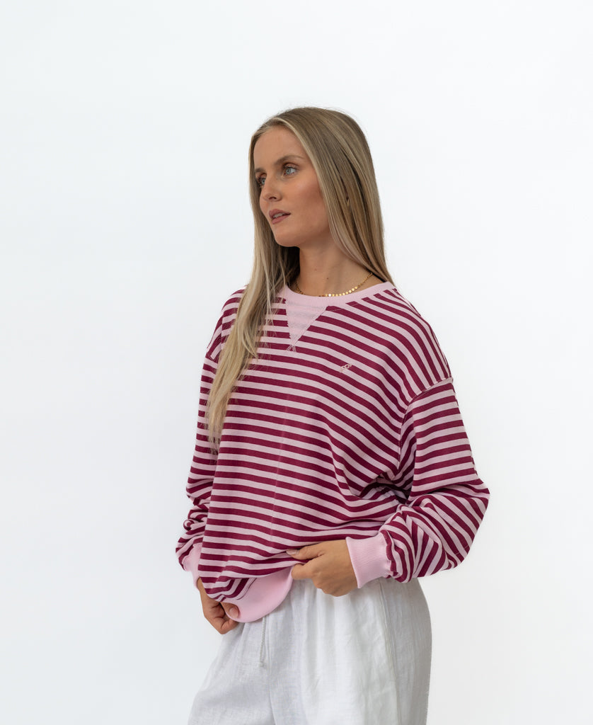 Ralph Stripe Ringer Crew | Baby Pink / Plum