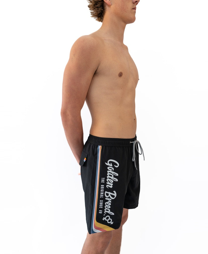 Golden Breed Retro Surf Elastic Waist Boardie | Black - Boardshorts