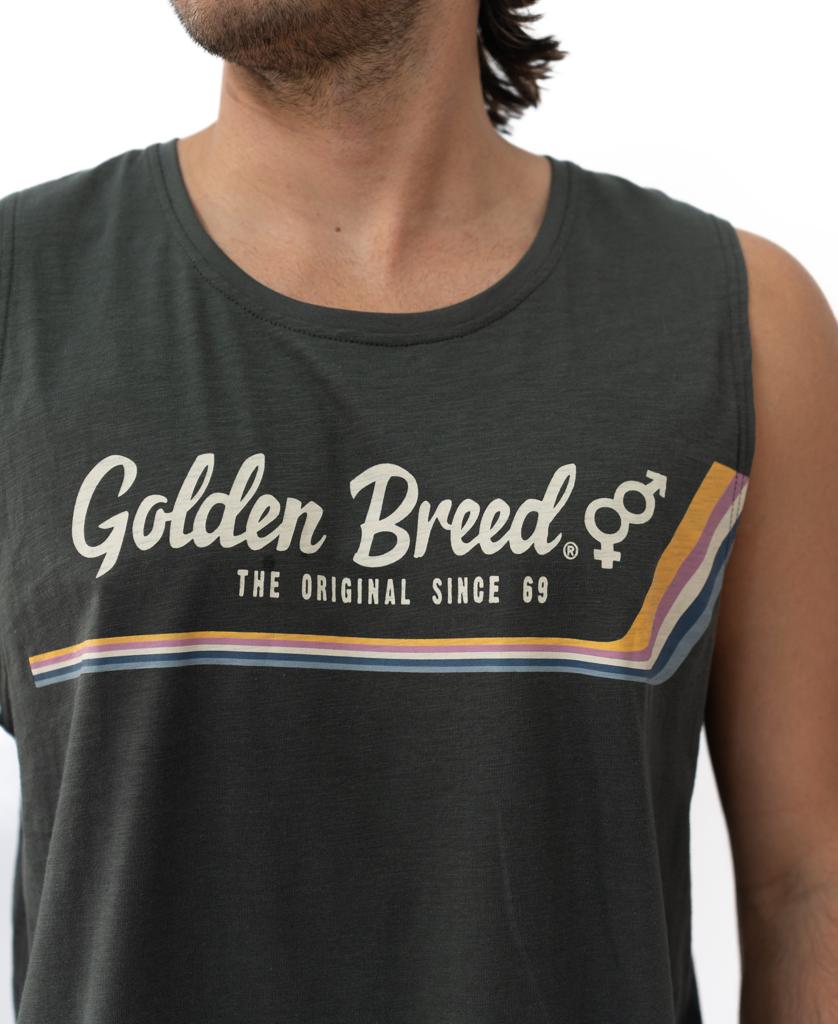Someone wears the Retro Muscle Tank | Wash Black by Golden Breed, featuring The Original Since 69 and a vintage stripe graphic on the front.