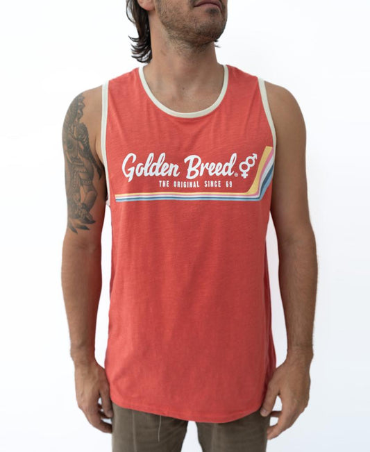 Man wearing a Retro Ringer Muscle Top in wash red by Golden Breed, featuring The Original Since 69 and a retro rainbow stripe print on the front.