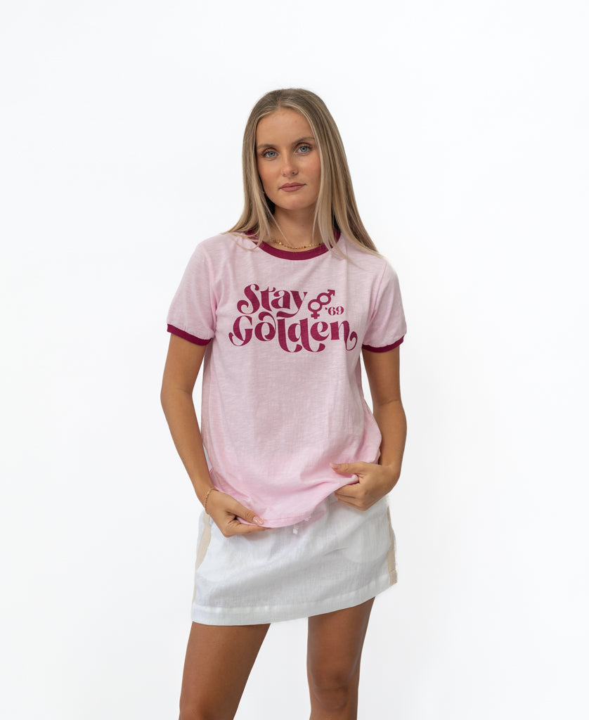 Golden Breed Stay Golden Ringer | Baby Pink / Plum - T-Shirts