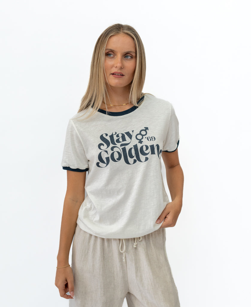 Golden Breed Stay Golden Ringer | Off White / Petrol - T-Shirts