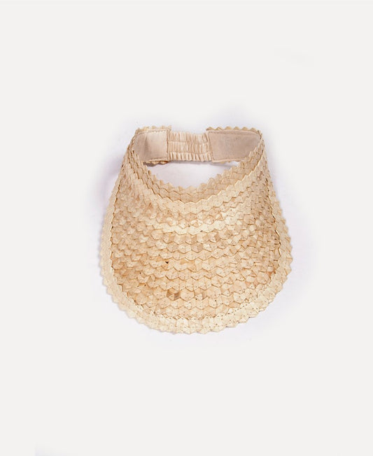 The Lazy Beach Palm Visor | Natural is handmade in Indonesia from 100% palm leaf with a woven straw design and an elastic back band, shown on a plain white background.