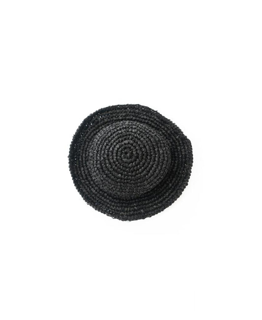 The Lazy Beach Raffia Bucket Hat | Black, a handmade round hat, is centered on a plain white background—perfect for summer style.