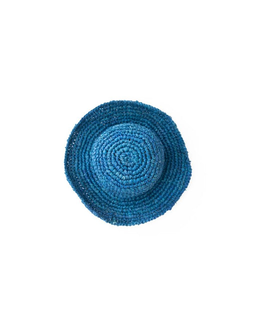 The Lazy Beach Raffia Bucket Hat with Brim in blue, shown from above on a white background, is the perfect accessory for summer style.