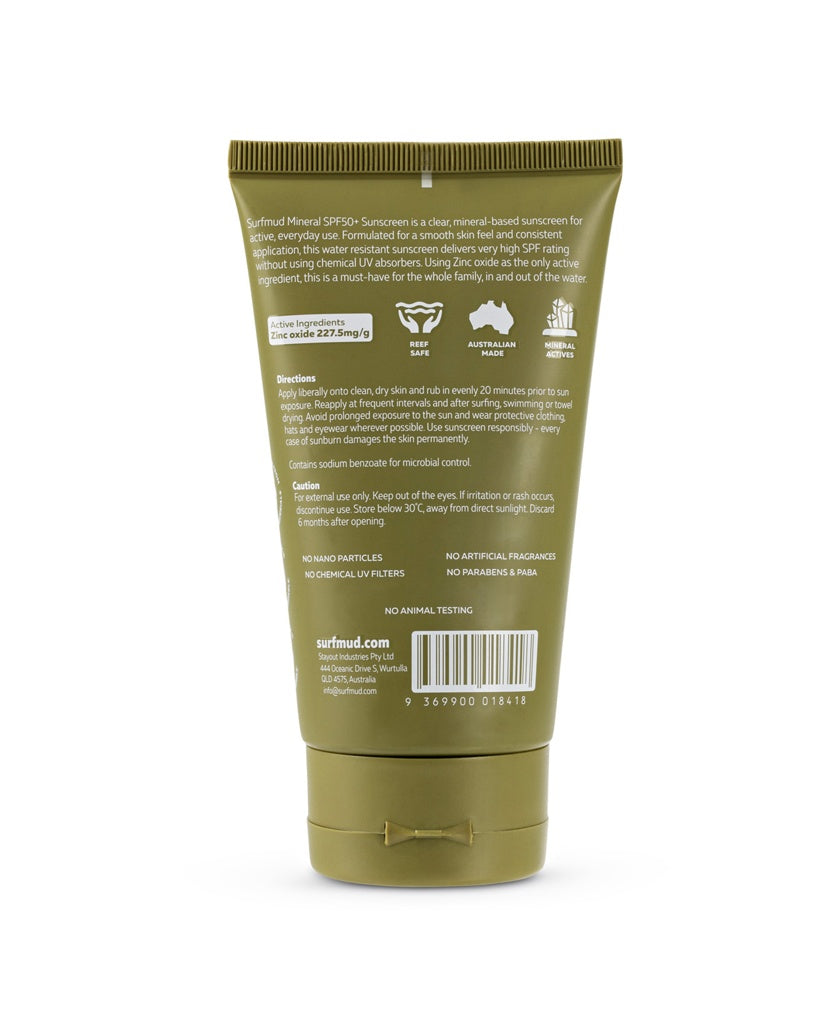 Back of Surf Mud Mineral Sunscreen SPF50+ tube showing product info, directions, ingredients including non-nano zinc oxide, and company details in white text.