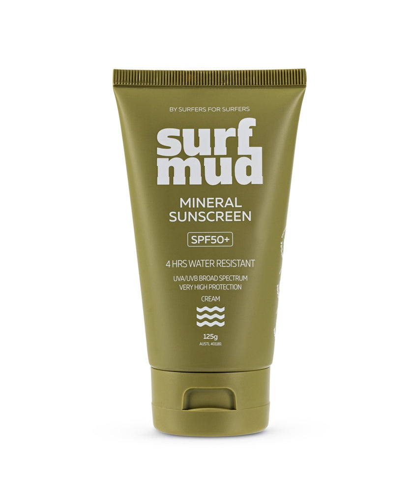 A 125g green tube of Surf Mud Mineral Sunscreen SPF50+ features non-nano zinc oxide, is labeled 4 hours water resistant.