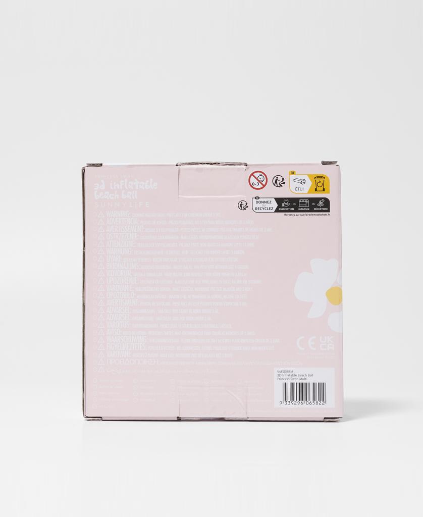 A square product box for Sunny Lifes 3D Inflatable Beach Ball Princess Swan | Multi, pastel pink with a white flower design and recycling/safety symbols in the top right, photographed on white—ideal for outdoor fun or as a gift.