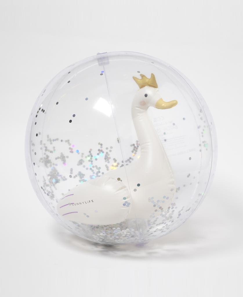 The Sunny Life 3D Inflatable Beach Ball Princess Swan | Multi features a clear ball with silver glitter and a gold-crowned swan inside—perfect for pool or beach outdoor adventures.