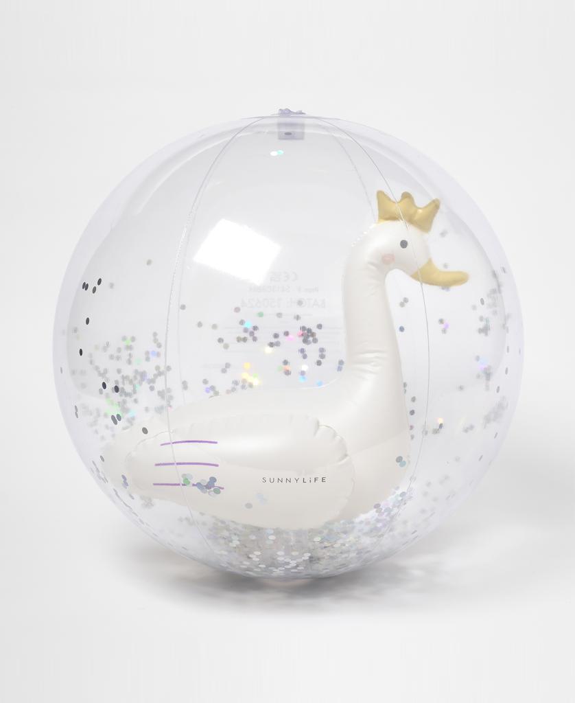 The Sunny Life 3D Inflatable Beach Ball Princess Swan in Multi features a clear design with silver confetti and a gold-crowned swan inside—ideal for poolside or beach fun.