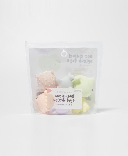 A clear resealable bag holds pastel sea animal buddies labeled Sea Animal Splash Toys Ocean Friends | Multi by Sunny Life.