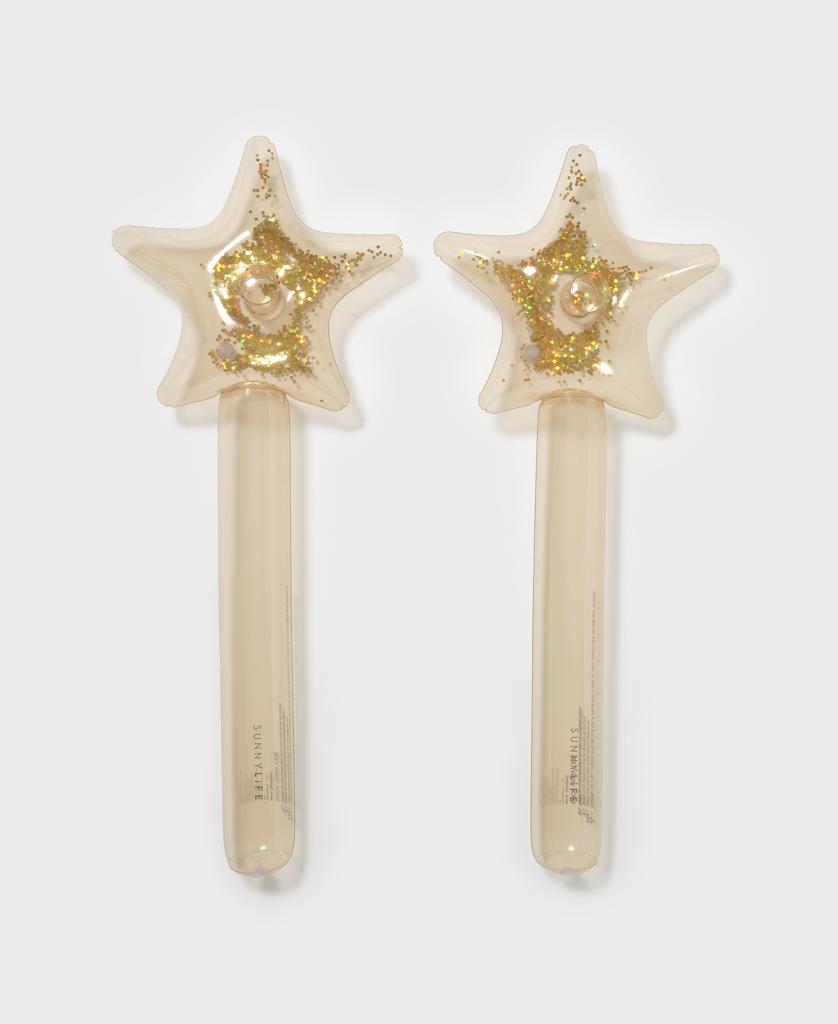 The Sunny Life Kids Inflatable Star Wand Princess Swan Gold Set of 2 features two translucent wands with gold glitter, perfect for magical pool play and princess adventures.