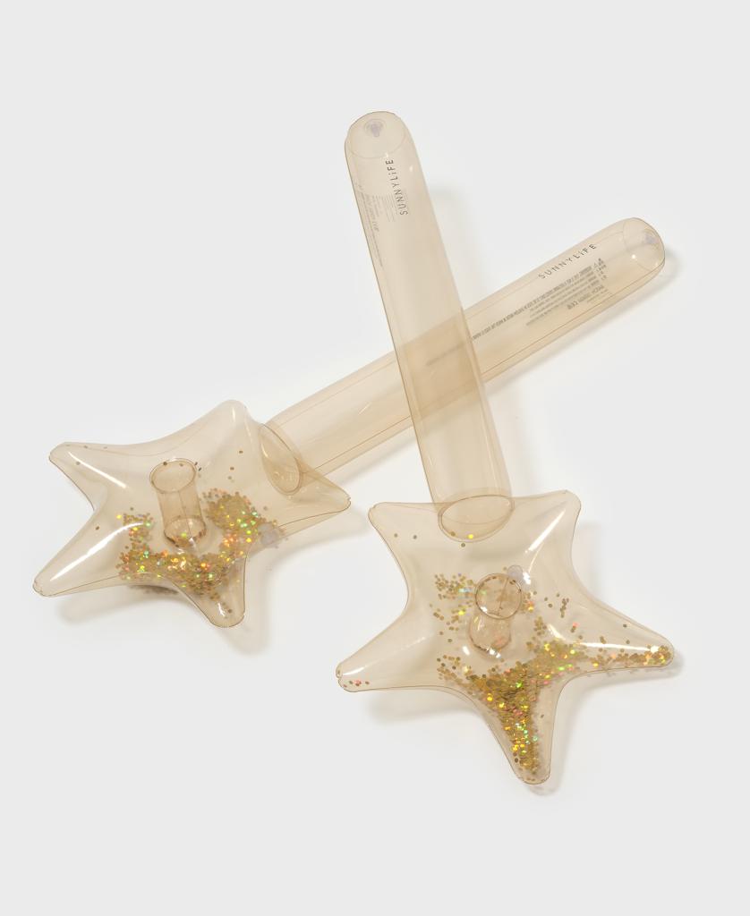 The Sunny Life Kids Inflatable Star Wand Princess Swan Gold Set of 2 includes two clear, cylindrical wands with shimmering gold glitter in star-shaped tops—perfect for imaginative pool play alongside other inflatable toys.