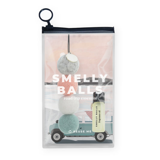 The Smelly Balls Seapink Set Sweetpea by Smelly Balls includes four ethically sourced wool felt balls and a Sweet Pea fragrance, packed in a clear zip pouch with a car illustration—perfect for your next road trip.
