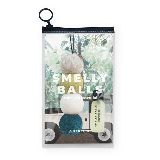 The Smelly Balls Serene Set Native Trees, an ethically sourced wool ball set with a scent inspired by Australian flora, includes four colored balls and a small bottle in a clear pouch—perfect for road trips.