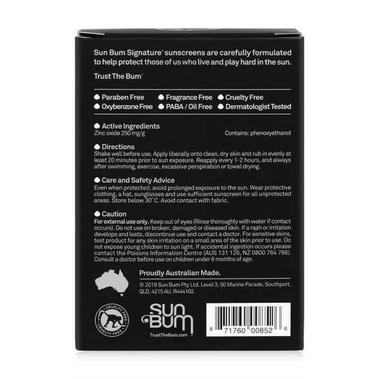 Back of a Sun Bum Signature SPF50 Lotion 88ml box displays broad spectrum protection, key features, active ingredients, usage directions, warnings, manufacturing info, and a barcode.