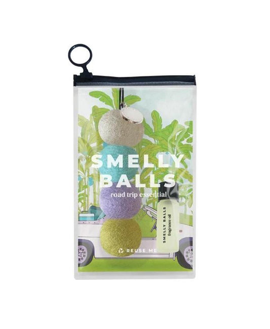 The Smelly Balls Tropic Set Rio travel pouch includes four colorful felt balls and a bottle of Rio Fragrance Oil, all packaged with an illustrated car and palm design.
