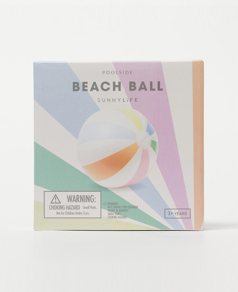 A box labeled Pool Side Inflatable Beach Ball | Pastel Gelato by Sunny Life features a pastel vintage-style inflatable ball, made from non-toxic phthalate-free PVC with a choking hazard warning, suitable for ages 3+.