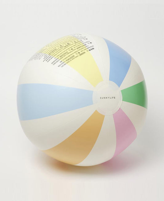 The Sunny Life Pool Side Inflatable Beach Ball | Pastel Gelato features pastel blue, yellow, green, pink, and white panels made from non-toxic phthalate-free PVC, displayed on a plain white background.