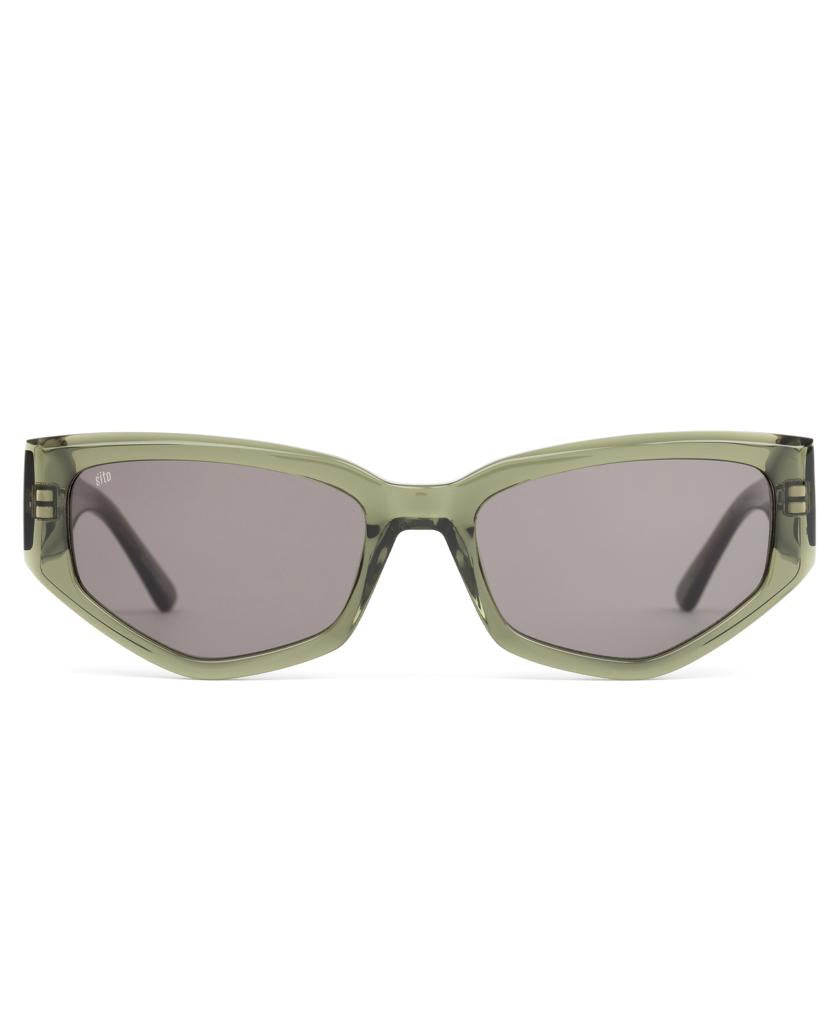 Sito Diamond sunglasses in Pine Needle/Grey, featuring green rectangular plant-based acetate frames with dark lenses and subtle geometric angles, shown from the front on a white background.