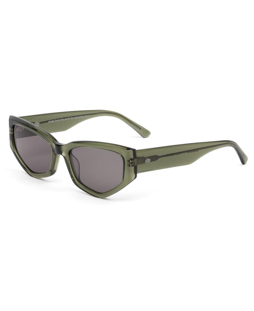 The Sito Diamond sunglasses in Pine Needle/Grey feature thick, plant-based olive green rectangular frames with dark tinted lenses and subtle geometric angles, shown against a white background.