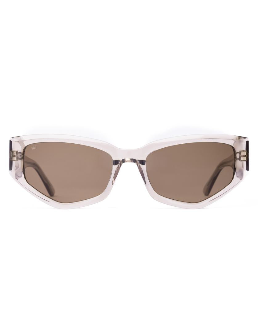 Sito Diamond | Chintz / Coffee sunglasses feature geometric rectangular frames in transparent plant-based acetate with brown tinted lenses, shown front-facing on a white background.
