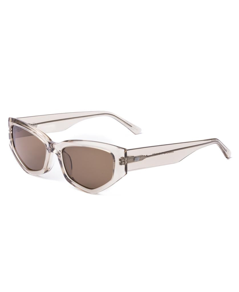 Sito Diamond | Chintz / Coffee sunglasses: geometric square frames in translucent gray, crafted from plant-based acetate with thick edges and brown tinted lenses, displayed on a white background.