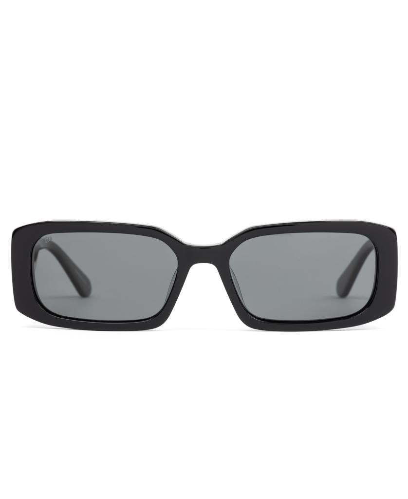 Rectangular black sunglasses with iron grey polar lenses, shown front-facing on a white background. The Sito Electro Vision offers high UV protection for eco-conscious style.