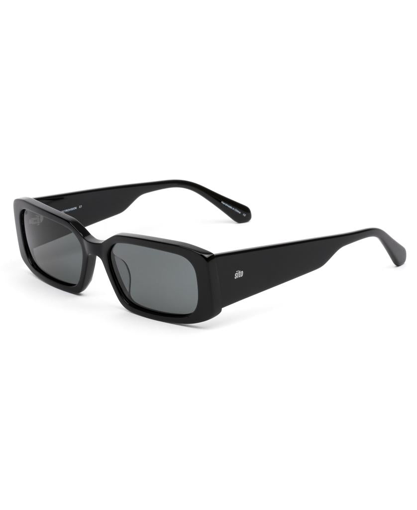 A pair of Sito Electro Vision sunglasses in Black / Iron Grey Polar with dark tinted lenses and high UV protection, shown on a white background.