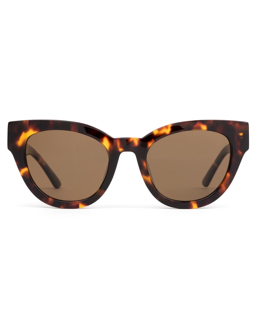 The Sito Soul Fusion sunglasses in Maple Tort feature a plant-based cat-eye acetate frame and brown polarized lenses, blending sustainability with style. Shown here against a white background.