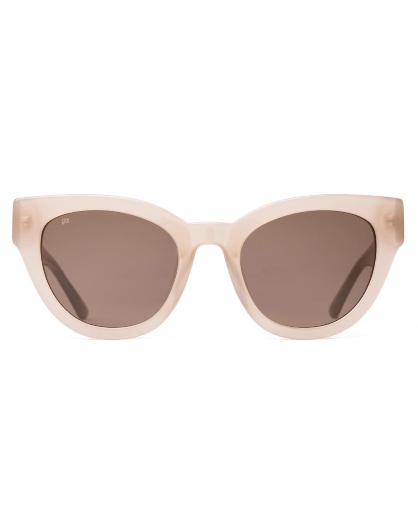 Soul Fusion | Milky Clay / Coffee by Sito: beige cat-eye sunglasses crafted from plant-based acetate, featuring dark tinted lenses, displayed on a plain white background.