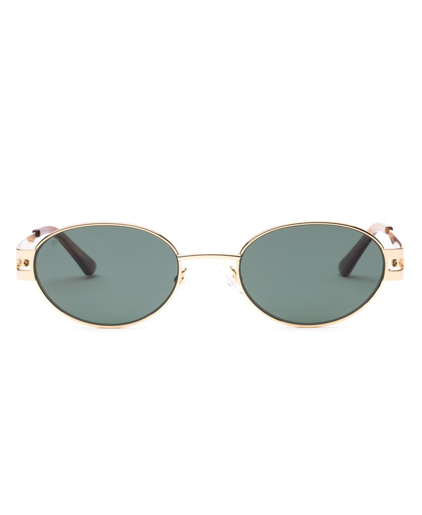 The Sito Stevie sunglasses in gold with Tangelo and Slate Polar lenses feature an oval shape, polarized dark green tint, and are shown facing forward on a white background.
