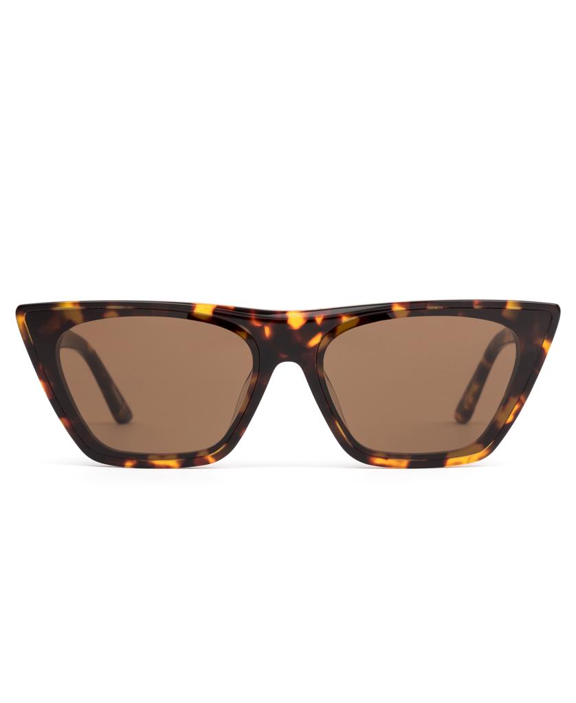 Sito Sweet Harmony sunglasses in Maple Tort with brown lenses, shown front-facing on a white background. Packaged sustainably for an eco-friendly touch.